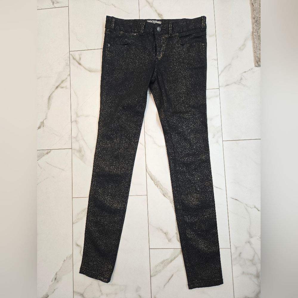 Free People Black Metallic Gold Leopard Print Cotton Blend Jeans Size 27